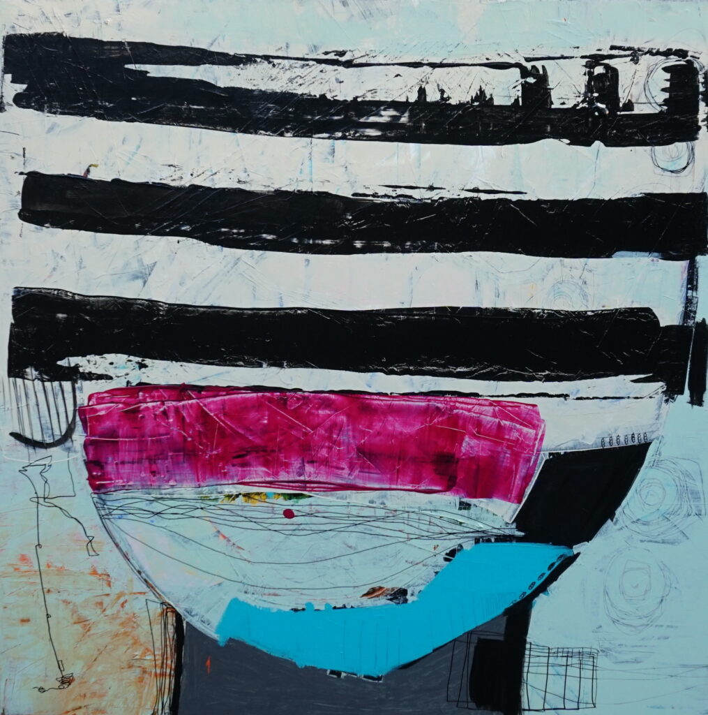 Abstract acrylic painting on canvas, 100x100 cm, featuring a stylized head shape with three bold bars in black, light grey, turquoise, and pink. The first Flash for empathy.