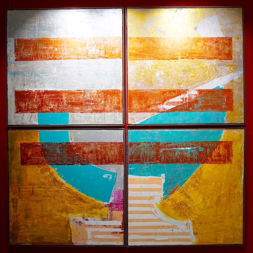 Flash for empathy, an acrylic painting on a 2 x 2 meter canvas, framed in steel, by Andrea M. Weiss. The artwork features an abstract head with three horizontal bars, conveying the message: "Look within, all answers are there"