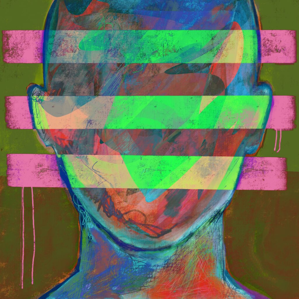 Abstract square painting with vibrant horizontal stripes, and abstract head - artwork by flash for empathy