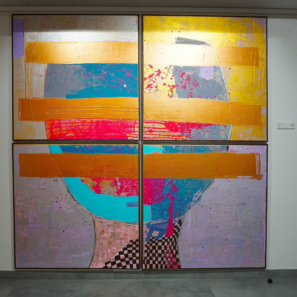 Flash for empathy a 200x200 cm abstract acrylic on canvas, in purple and golden yellow, framed in steel by Andrea M. Weiss