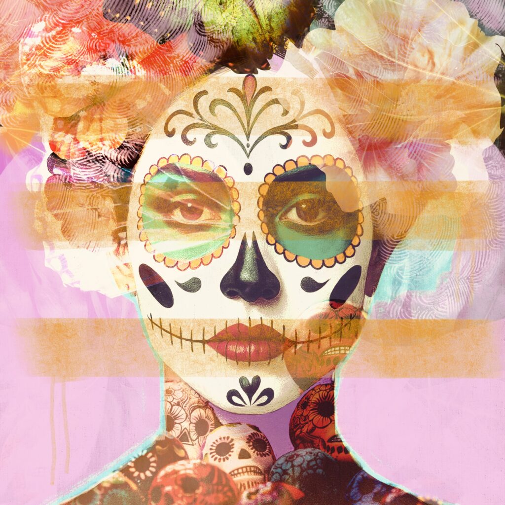 Digital fine art print inspired by Mexico. Colorful collage with Día de los Metros face painting, fruits, animals and flowers.