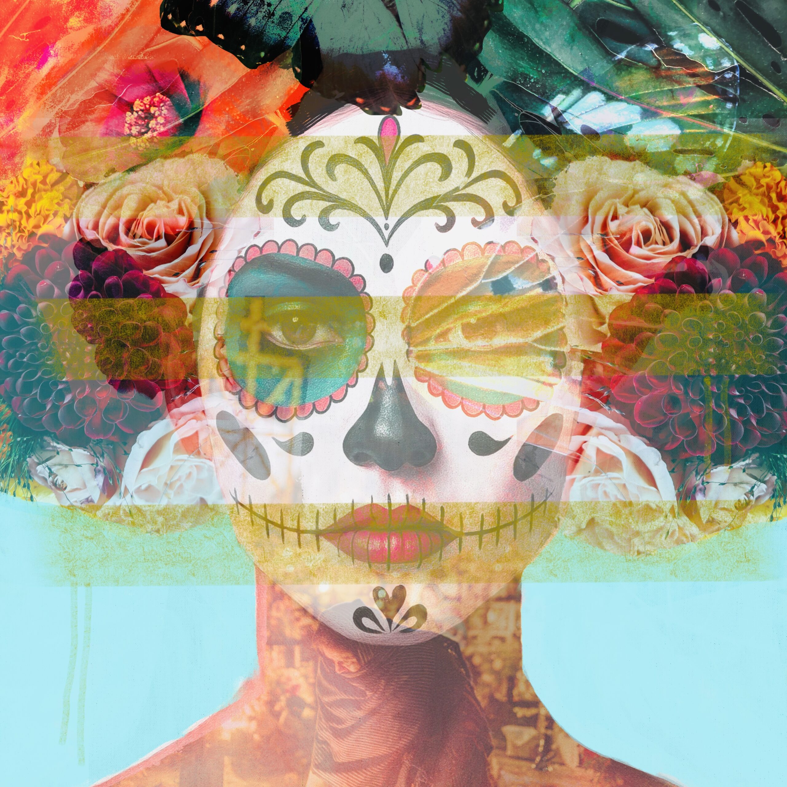 Digital fine Art print, 50x50 cm, inspired by Día de los Metros. A vibrant homage to Mexico with expressive flowers and traditional Mexican symbols in bold, radiant colors.