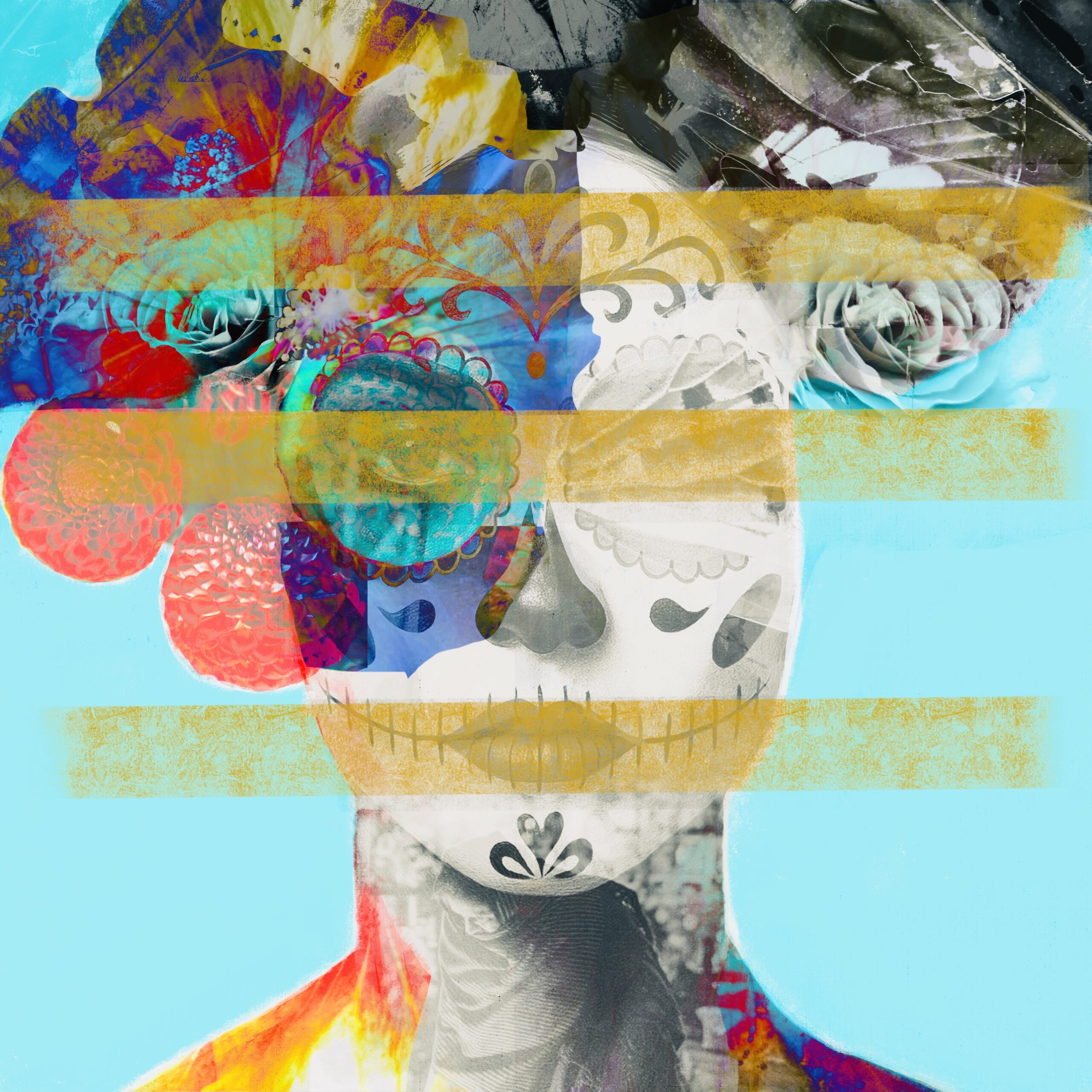 Digital artwork featuring a woman‘s head inspired by Día de Muertos makeup and surrounded by typical fruits, animals and cultural elements. The Three Bars representing the Message of Flash for empathy: Everything is already within you.