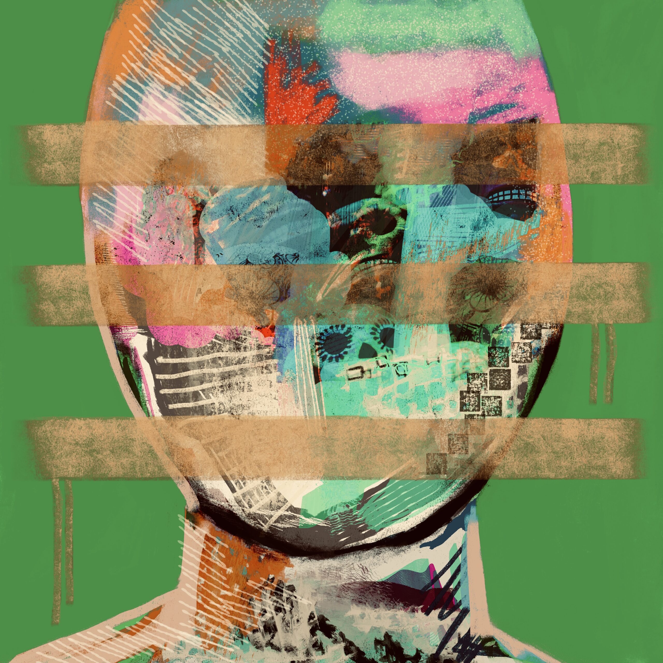 Digital abstract artwork showing an expressive, painterly head with bold colors and the three signature Bars symbolizing the Flash for empathy message.