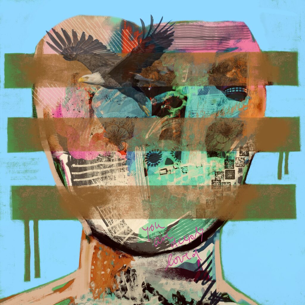 Abstract Digital Head with artwork with expressive colors and three signature bars representing the Flash for empathy message.