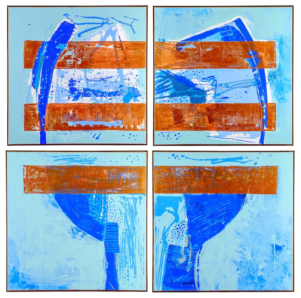 Abstract acrylic painting in light blue and bronze tones