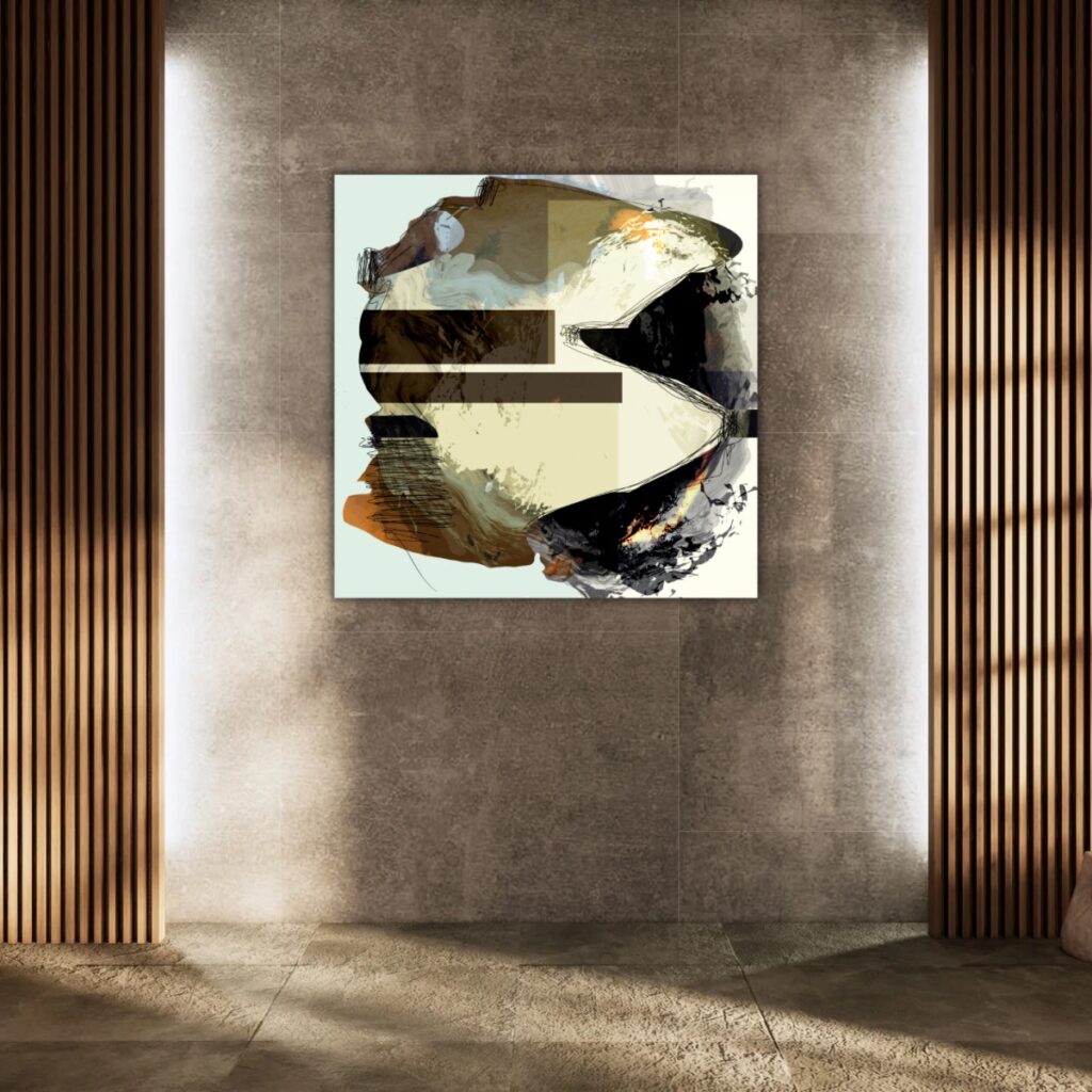 Contemporary abstract artwork from the Obstruction series by flash for empathy in a boutique hotel lobby.