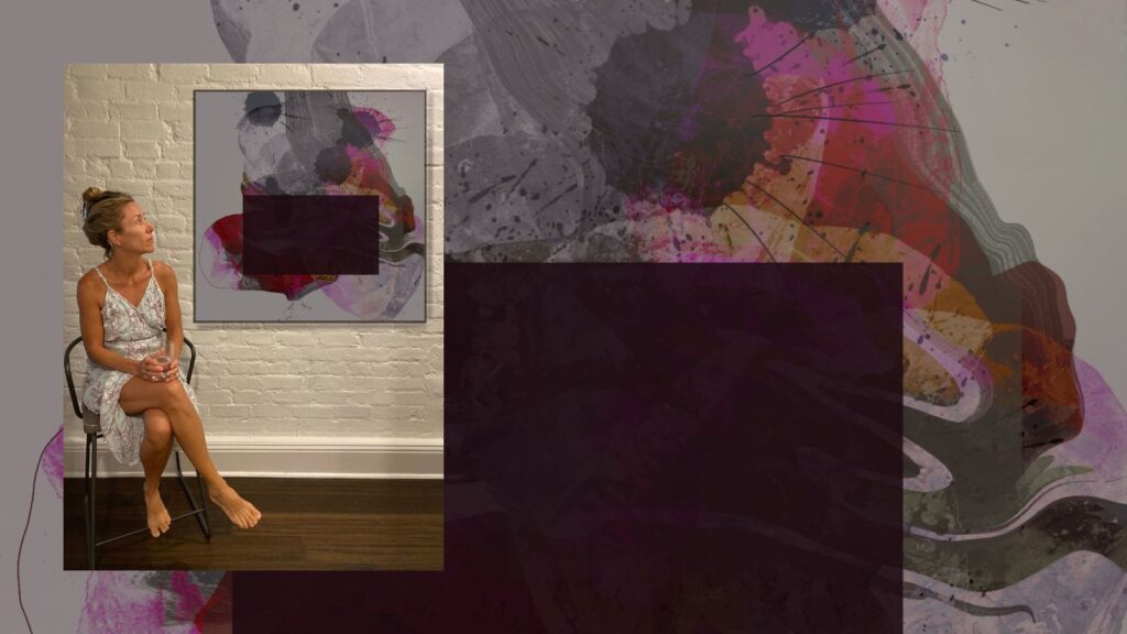 Contemporary abstract artist Andrea M. Weiss sitting in front of one of her works Obstruction, 2026